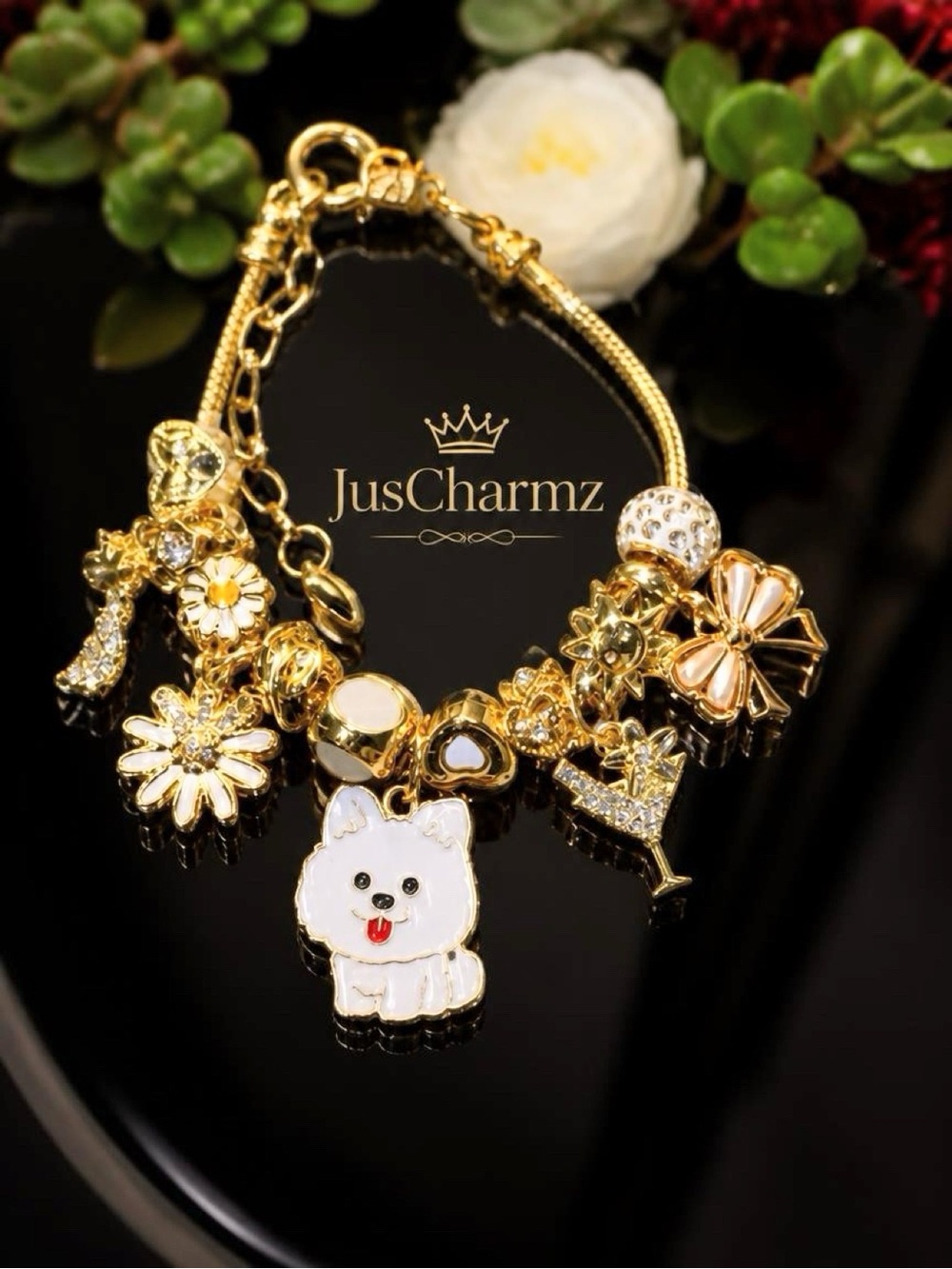 Gold White Dog Charm Bracelet
